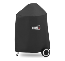 The lightweight yet durable Premium Cover is easy to pull on and off of your Weber Kettle barbecue. Its fastening straps keep it from blowing away, and its water resistant material helps to maintain a clean, sleek surface.
