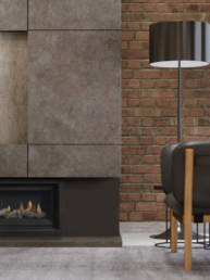 Fireplace in a modern living room with leather armchair and black lamp. 3d rendering.