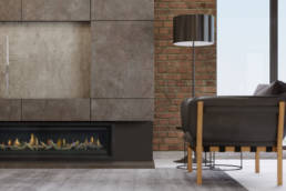 Fireplace in a modern living room with leather armchair and black lamp. 3d rendering.