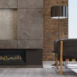 Fireplace in a modern living room with leather armchair and black lamp. 3d rendering.