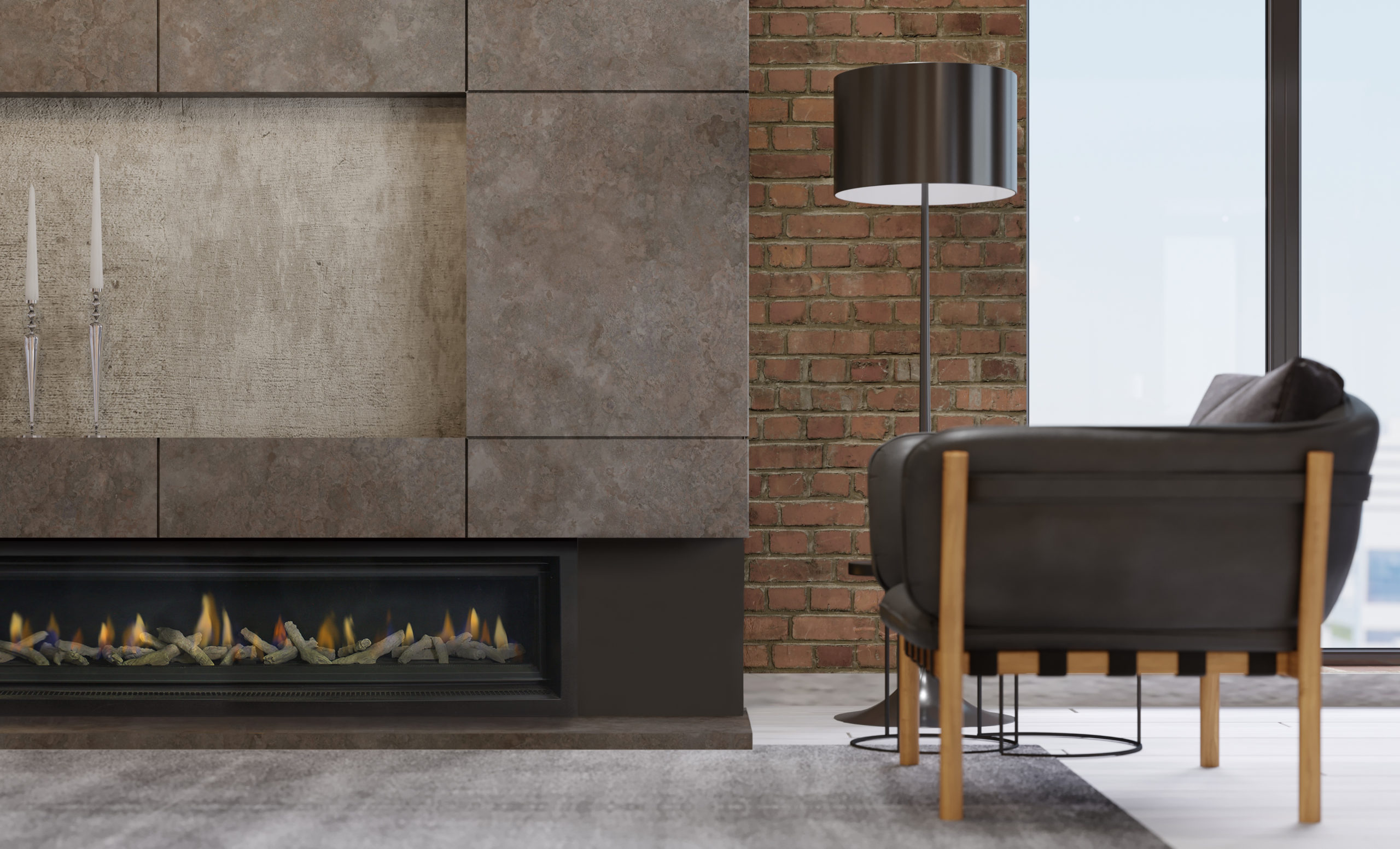 Fireplace in a modern living room with leather armchair and black lamp. 3d rendering.
