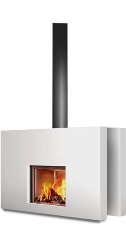 Stûv 21 Double Sided fireplace has a frameless guillotine glass window on both sides.