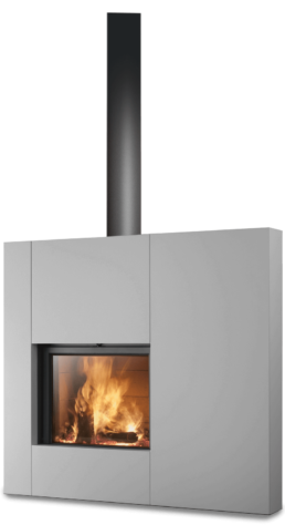 This contemporary designer fireplace also features a retractable window that can be raised or lowered for an open or closed fire.